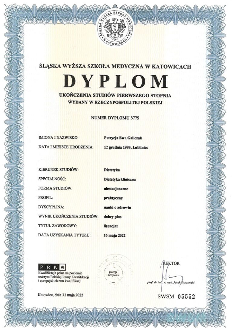 Patrycja Galiczak certyfikat, kwalifikacje 1