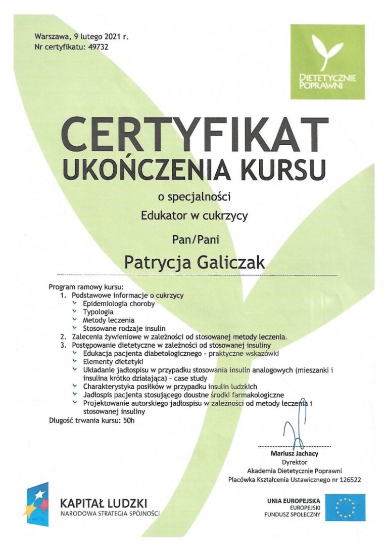 Patrycja Galiczak certyfikat, kwalifikacje 3