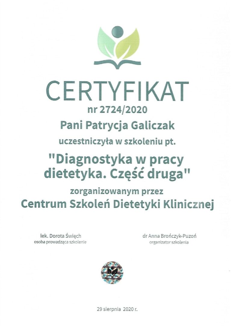 Patrycja Galiczak certyfikat, kwalifikacje 5